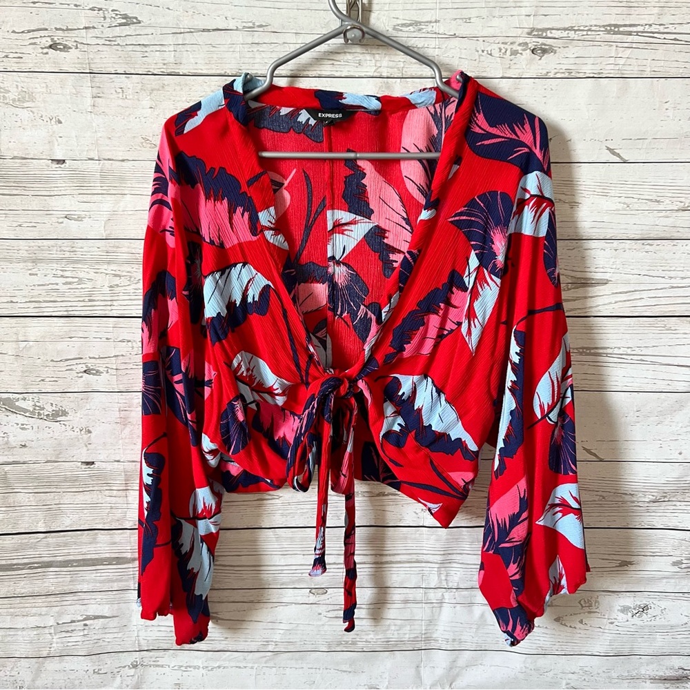 Red Floral Tie-Front Wrap Top